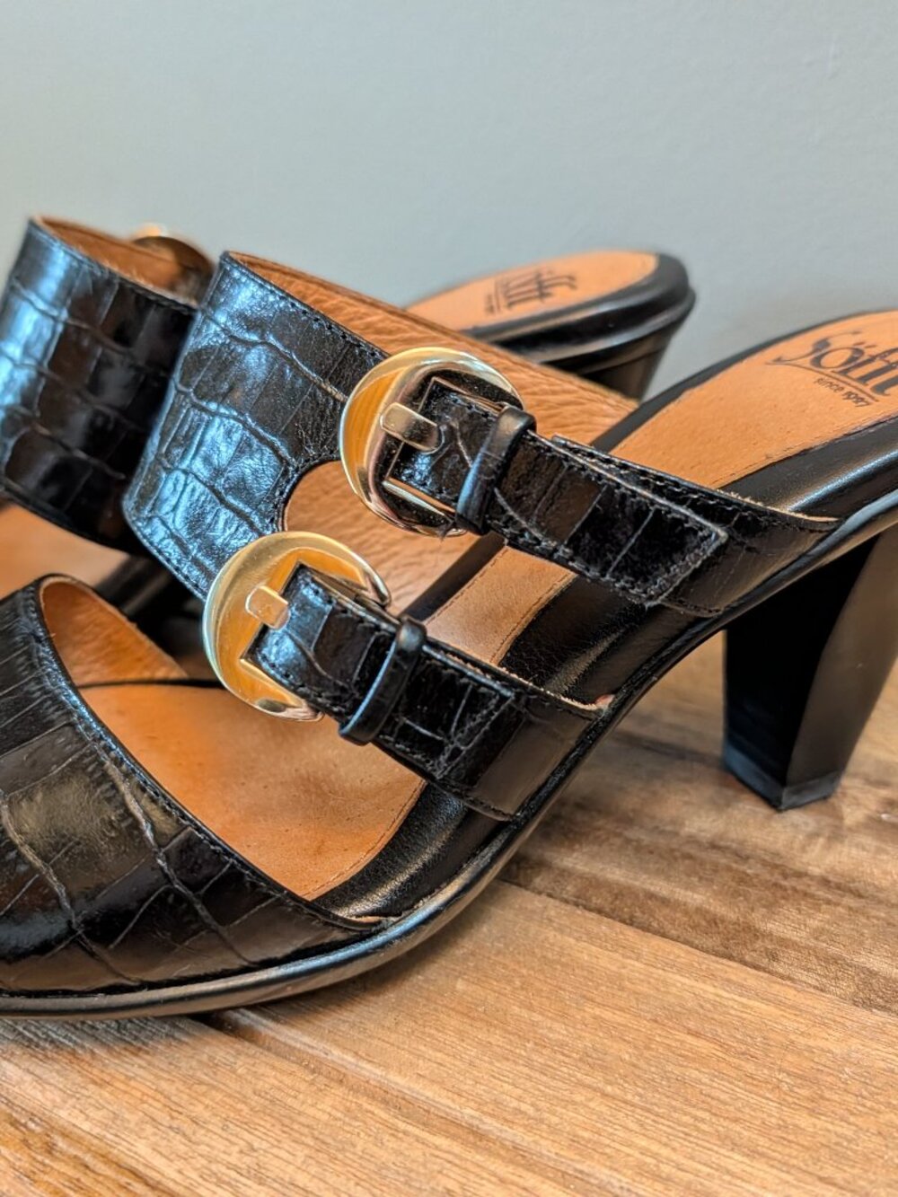 Söfft Firenze Black Croco Leather Heeled Slide Sandals Sz 7.5